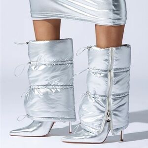 AZALEA WANG Silver Vegan Leather Puffer High Heel Boots